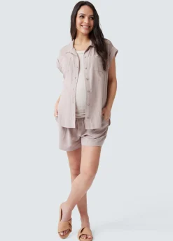 Breezy Linen Maternity Shirt Short Sleeve Button Up