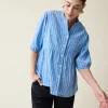 Maternity + Nursing Peplum Shirt Blue and White Stripe Button Up, Short Sleeve