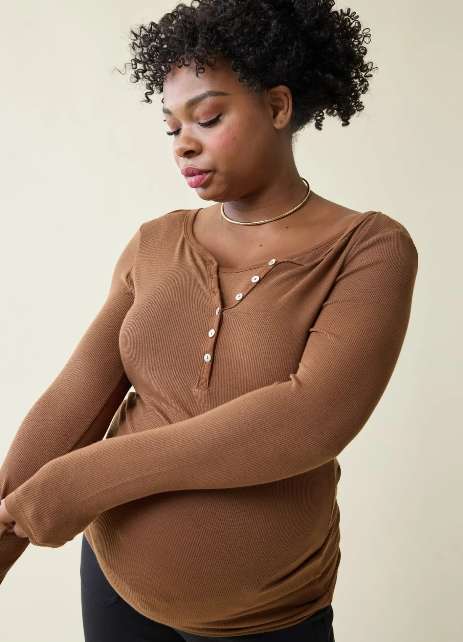 Rib Henley Long Sleeve Maternity + Nursing Top
