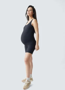 Rib Maternity Bike Short Acitve Unitard Romper Black