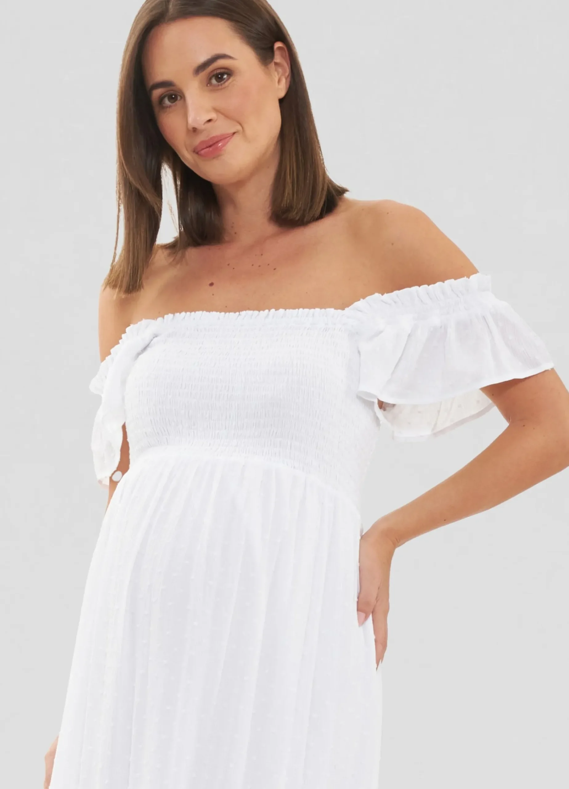 Ripe Maternity White Tiered Eyelet Maternity Midi Dress