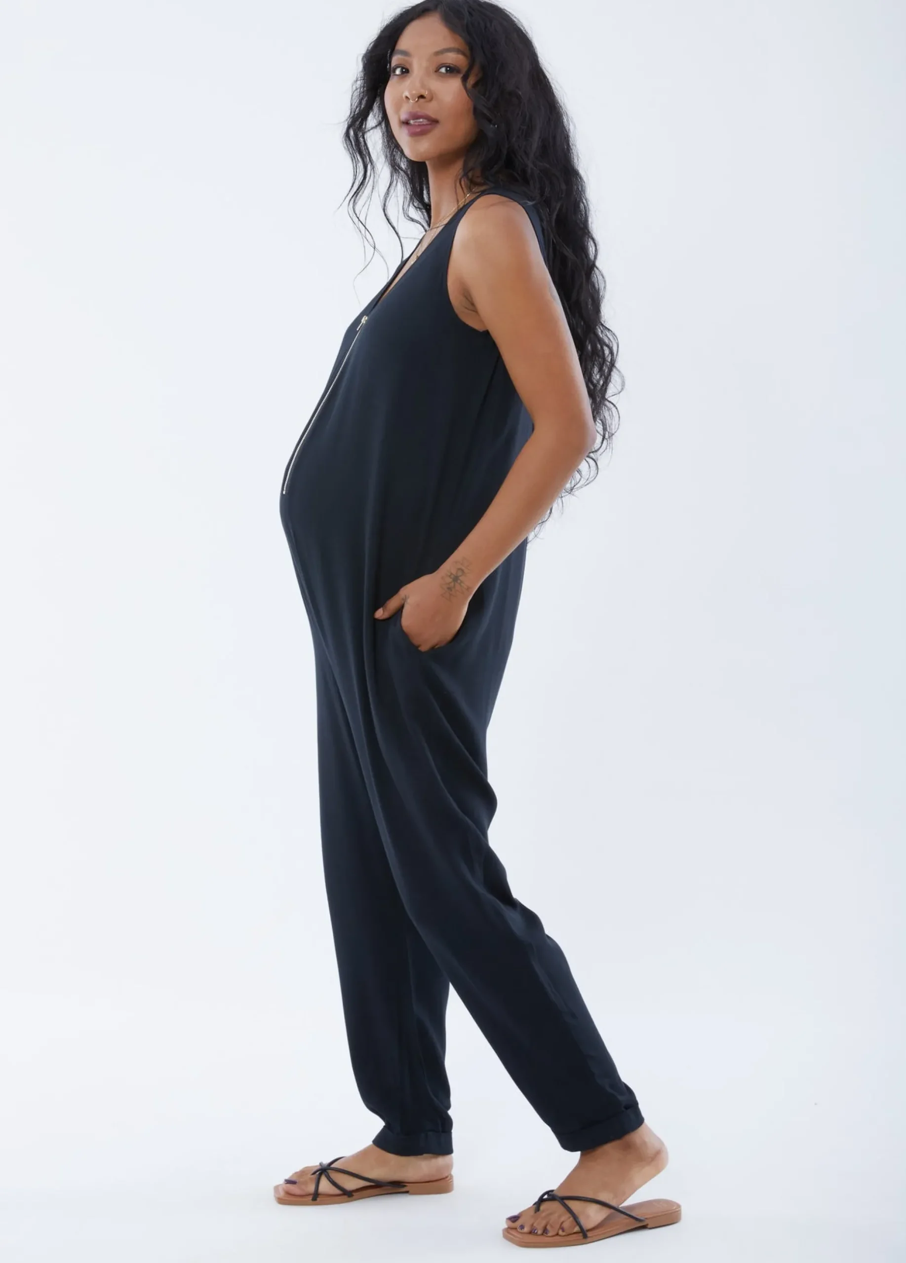 Sleeveless Zip Front Maternity Jumpsuit