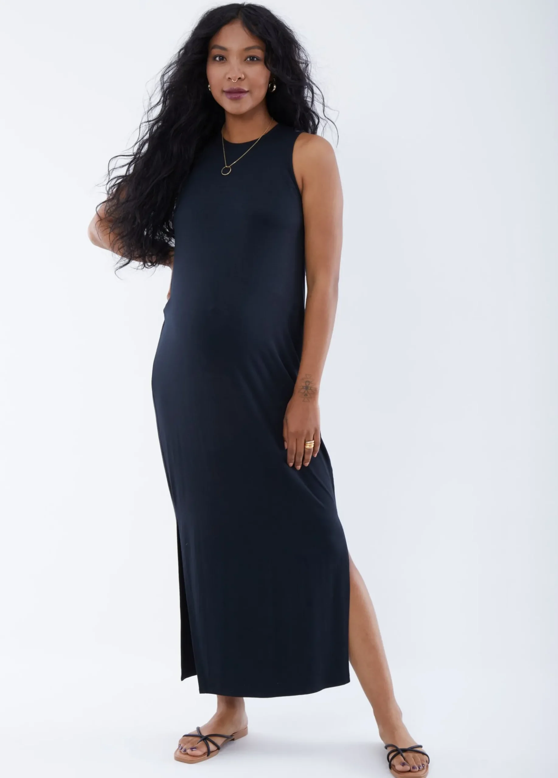 The One Black Maternity Midi Dress