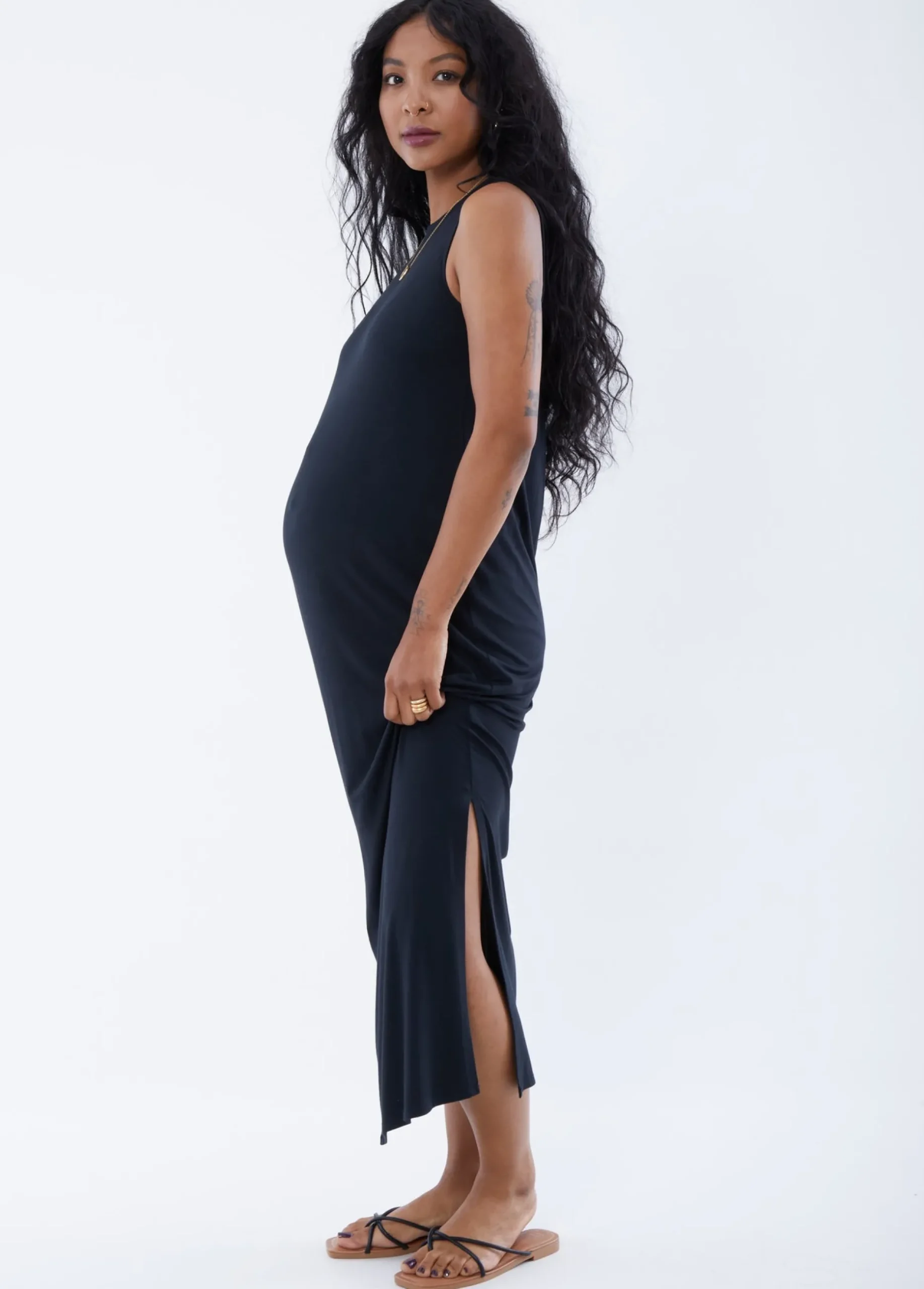 The One Black Maternity Midi Dress